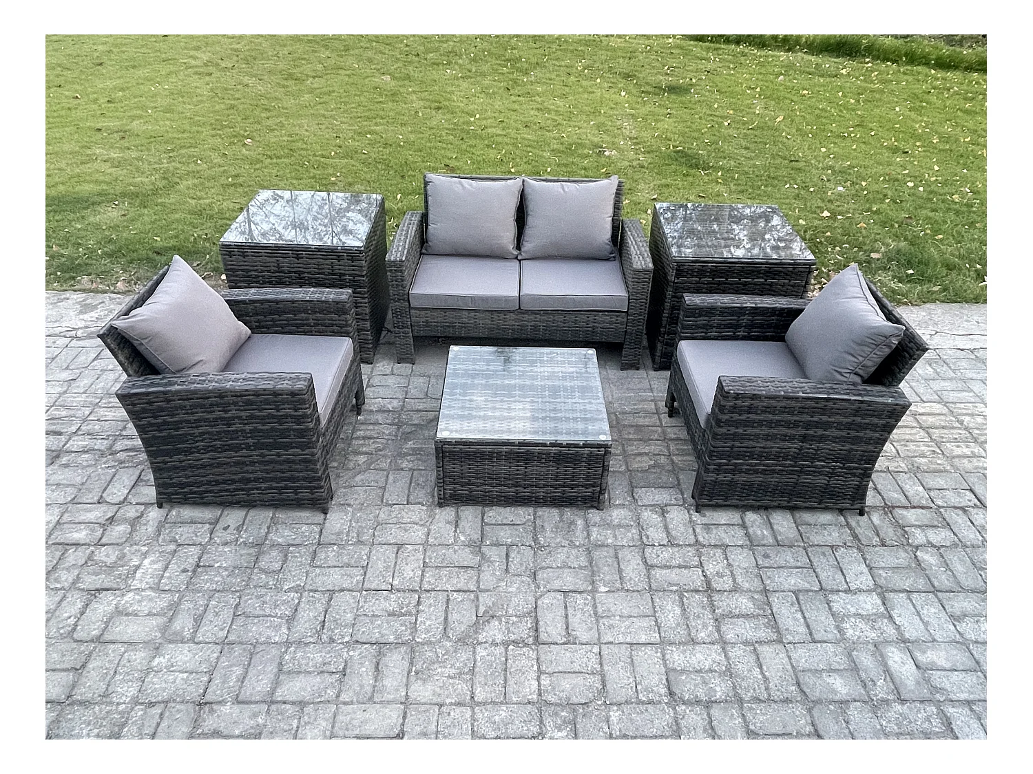Garten Lounge Set Polyrattan Gartenmöbel Set mit Stuhl Quadratisch Couchtisch Doppelsitz-Sofa 2 Beistelltische Dunkelgrau Gemischt