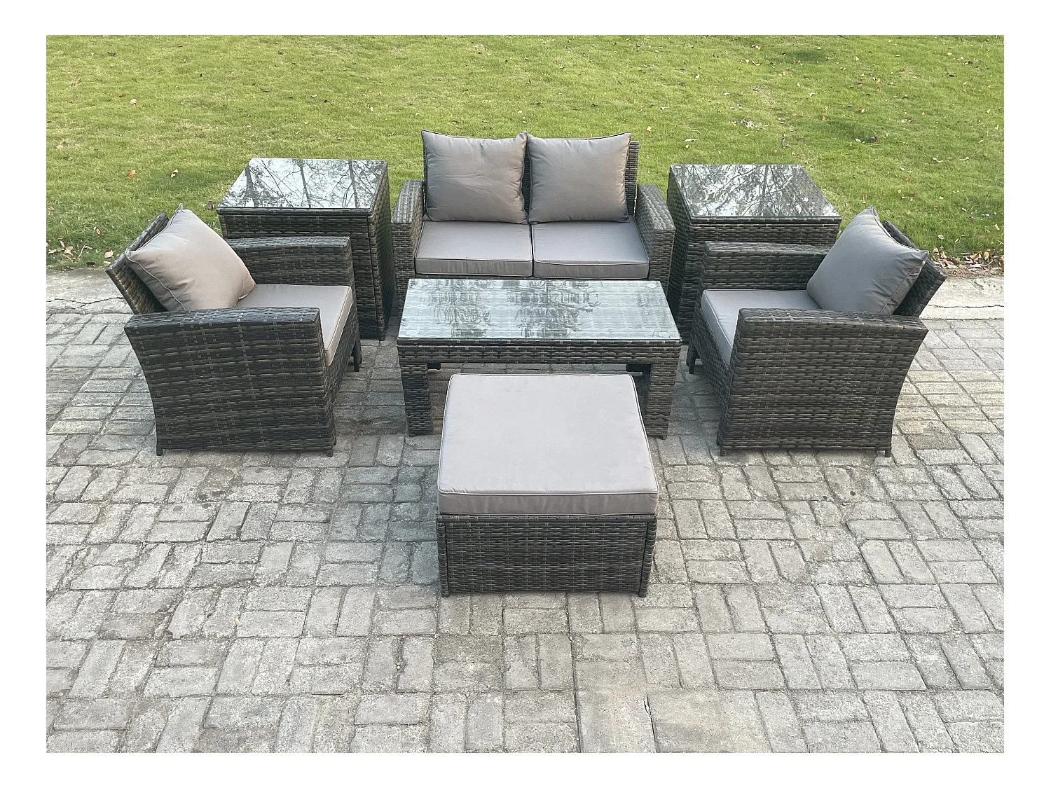 5-Sitzer Polyrattan Gartenmöbel Set Garten Sofa Set mit Couchtisch 2 Beistelltische Großer Fußhocker Dunkelgrau Gemischt