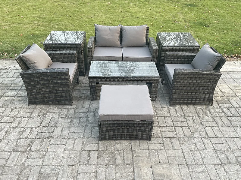 5-Sitzer Polyrattan Gartenmöbel Set Garten Sofa Set mit Couchtisch 2 Beistelltische Großer Fußhocker Dunkelgrau Gemischt