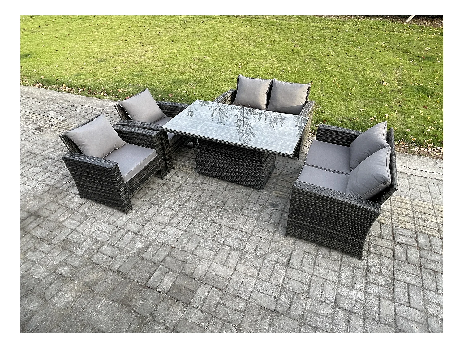 Rattan Gartenmöbel Set im Balkon 6-Sitzer Einstellbare Höhe Esstisch Sofa Set mit Doppelsitz-Sofa Dunkelgrau Gemischt