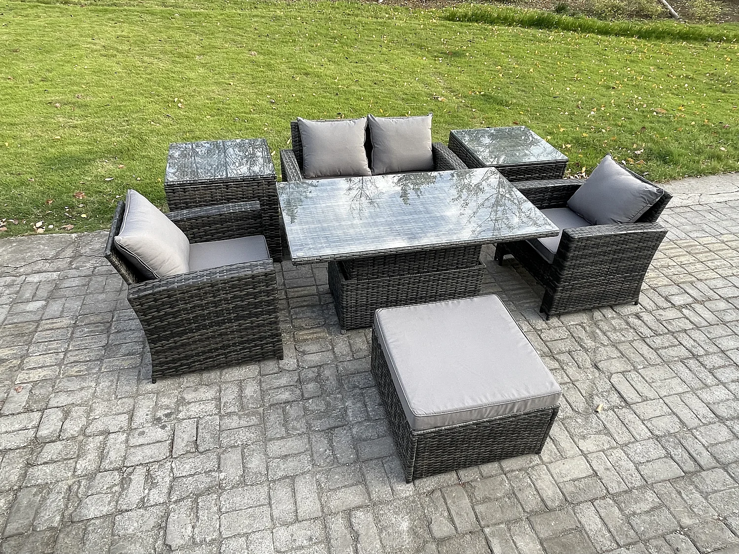Ensemble de meubles de jardin en rotin Essgruppe Lounge Esstisch ave 2 Table d'appoint Gris foncé