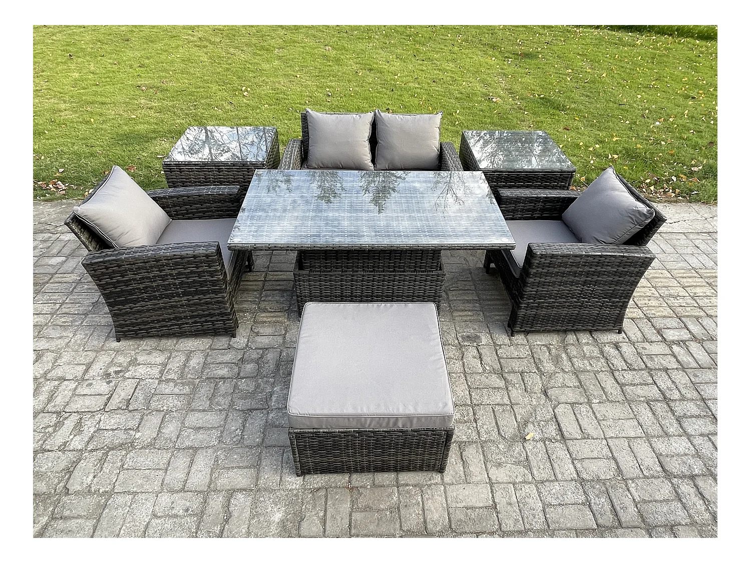 Polyrattan Gartenmöbel Set Essgruppe Lounge Esstisch mit 2 Beistelltische Großer Fußhocker Dunkelgrau Gemischt