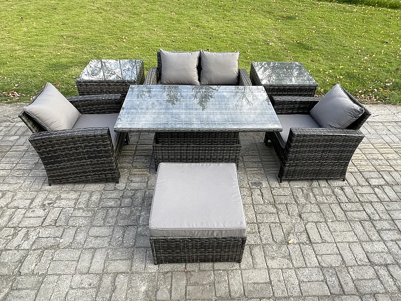 Ensemble de meubles de jardin en rotin Essgruppe Lounge Esstisch ave 2 Table d'appoint Gris foncé