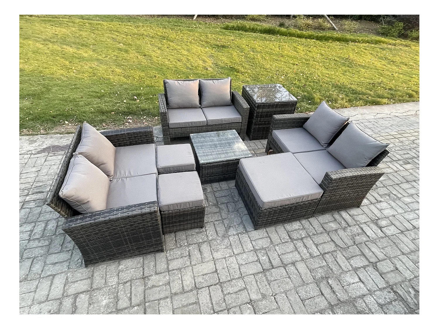 Garten Lounge Set Polyrattan Gartenmöbel Set mit Quadratisch Couchtisch Doppelsitz-Sofa 3 Hocker Beistelltische Dunkelgrau Gemischt