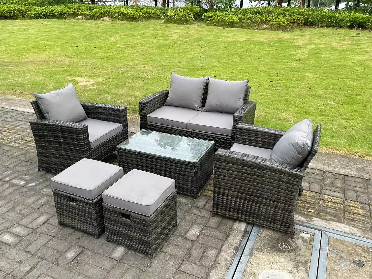 6-Sitzer Dunkelgrau Gemischt Hoher Rücken Polyrattan Sofa Set Rechteckig Couchtisch Gartenmöbel Outdoor 2 Hocker
