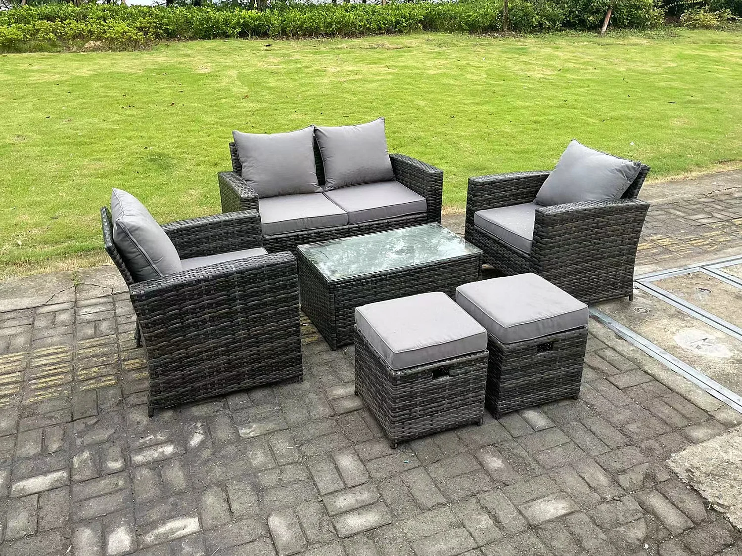 6-Sitzer Dunkelgrau Gemischt Hoher Rücken Polyrattan Sofa Set Rechteckig Couchtisch Gartenmöbel Outdoor 2 Hocker