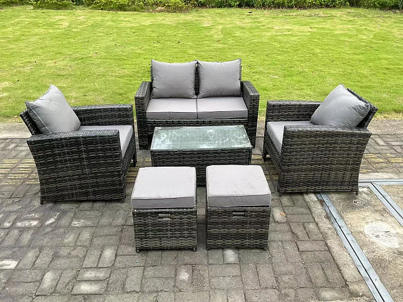 6-Sitzer Dunkelgrau Gemischt Hoher Rücken Polyrattan Sofa Set Rechteckig Couchtisch Gartenmöbel Outdoor 2 Hocker