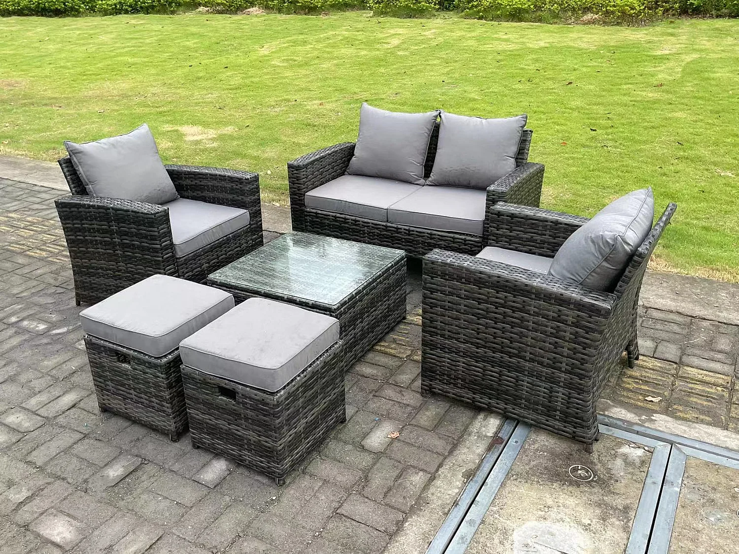 6-Sitzer Dunkelgrau Gemischt Hoher Rücken Rattan Sofa Set mit Quadratisch Couchtisch 2 Hocker Gartenmöbel im Freien