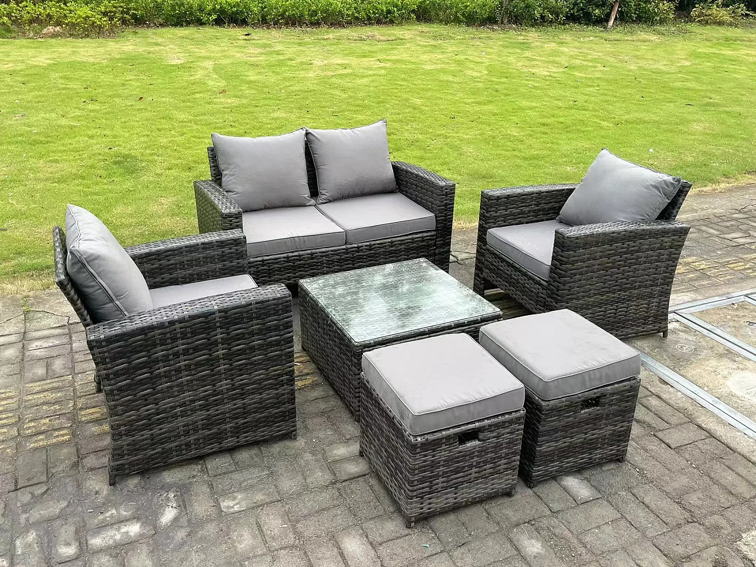 6-Sitzer Dunkelgrau Gemischt Hoher Rücken Rattan Sofa Set mit Quadratisch Couchtisch 2 Hocker Gartenmöbel im Freien