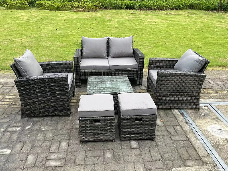 6-Sitzer Dunkelgrau Gemischt Hoher Rücken Rattan Sofa Set mit Quadratisch Couchtisch 2 Hocker Gartenmöbel im Freien