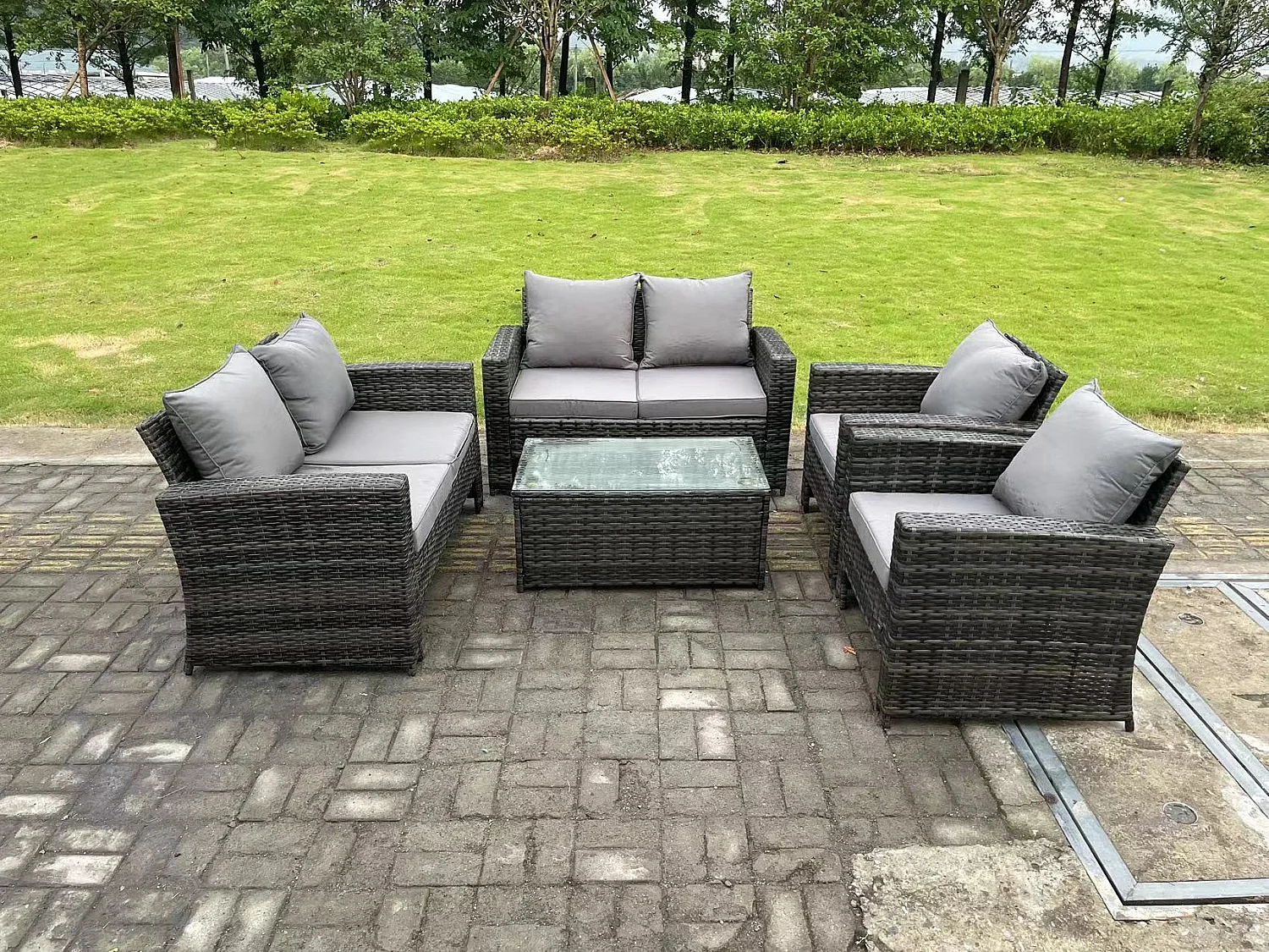 6-Sitzer Dunkelgrau Gemischt Hoher Rücken Rattan Sofa Set mit Rechteckig Couchtisch Gartenmöbel Sitzgruppe