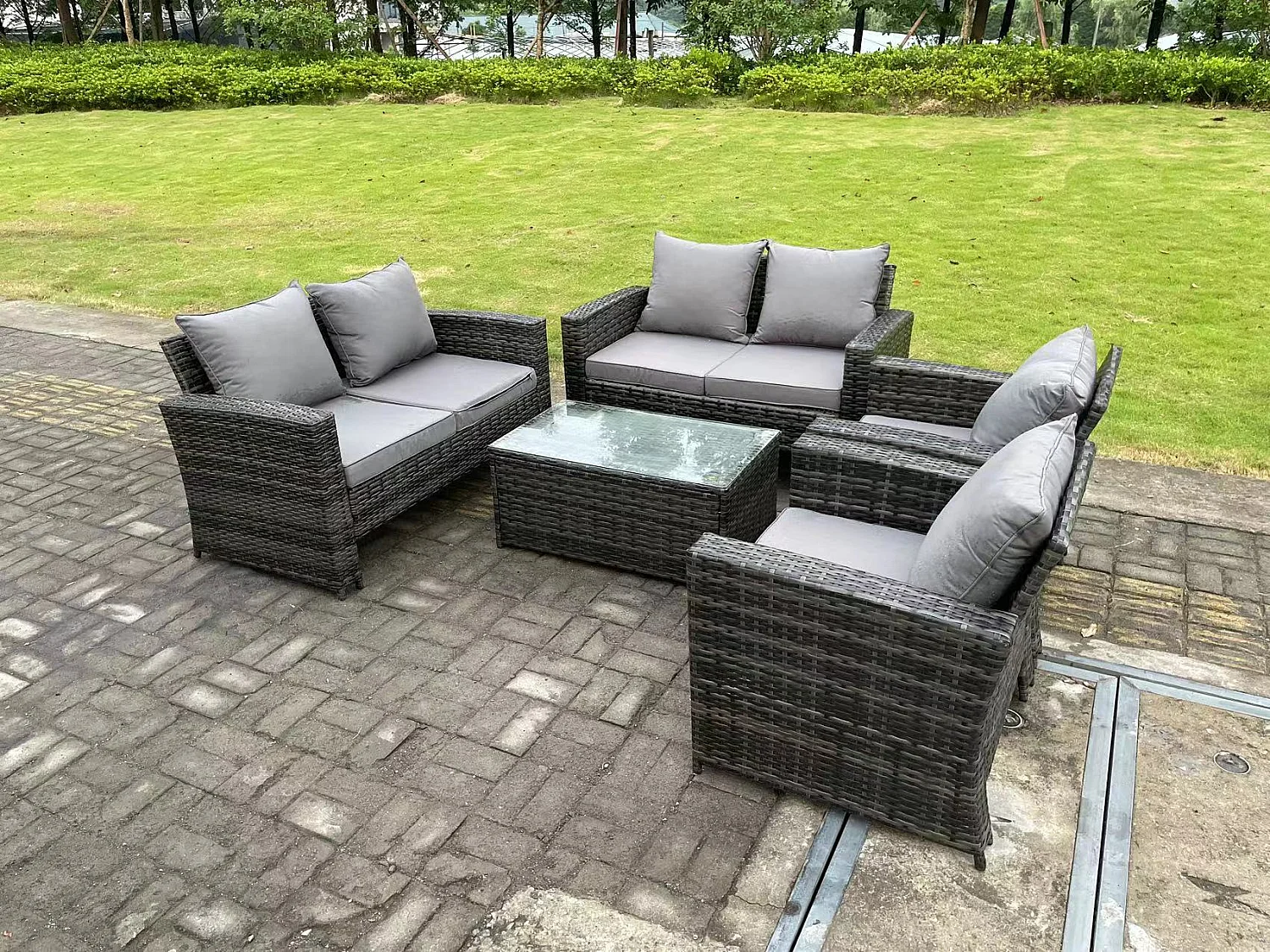 6-Sitzer Dunkelgrau Gemischt Hoher Rücken Rattan Sofa Set mit Rechteckig Couchtisch Gartenmöbel Sitzgruppe