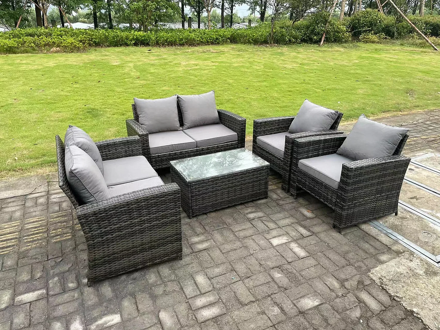 6-Sitzer Dunkelgrau Gemischt Hoher Rücken Rattan Sofa Set mit Rechteckig Couchtisch Gartenmöbel Sitzgruppe