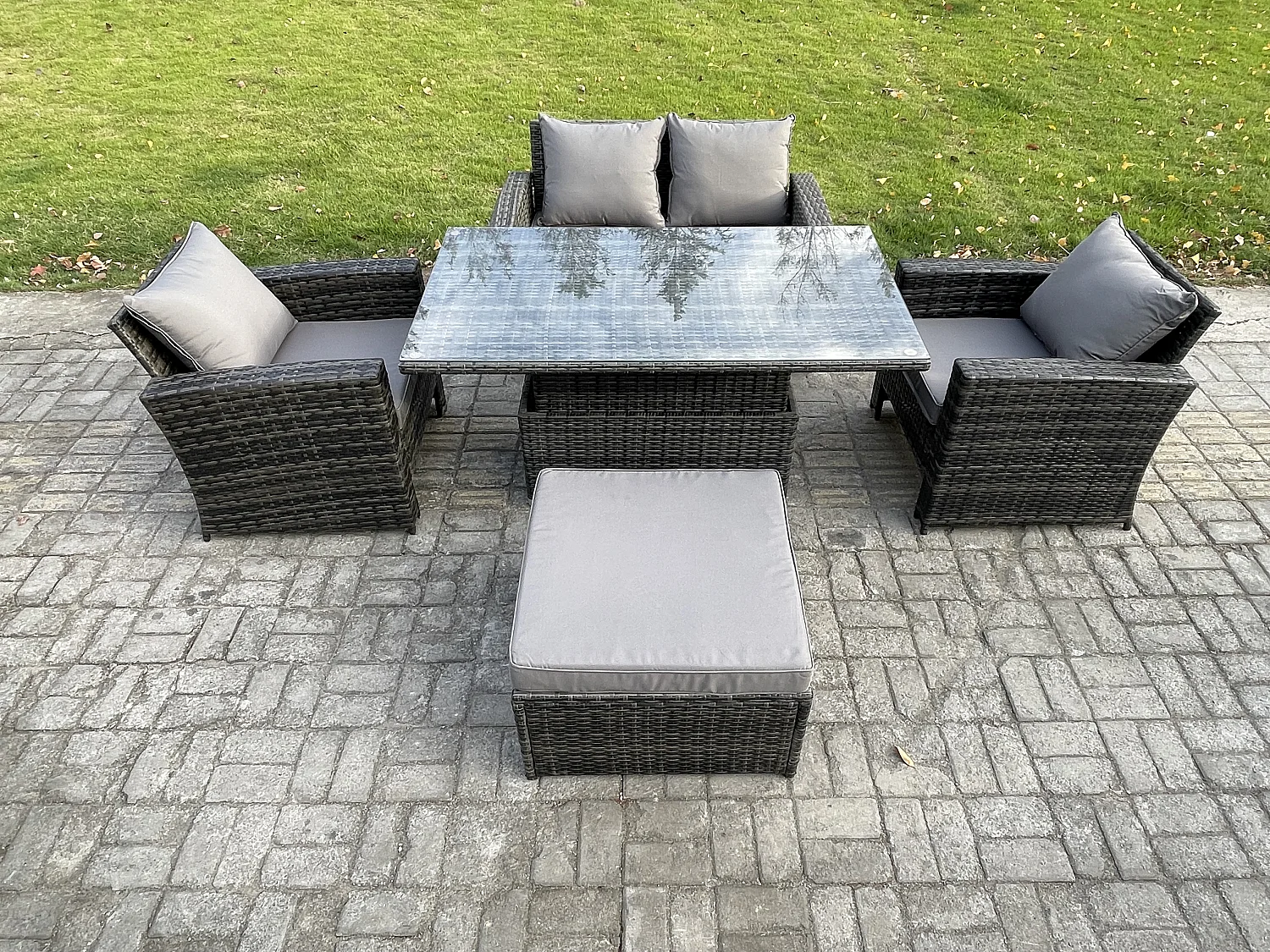 Ensemble de meubles de jardin en rotin Essgruppe Lounge Table élévatrice ave Grand Tabouret