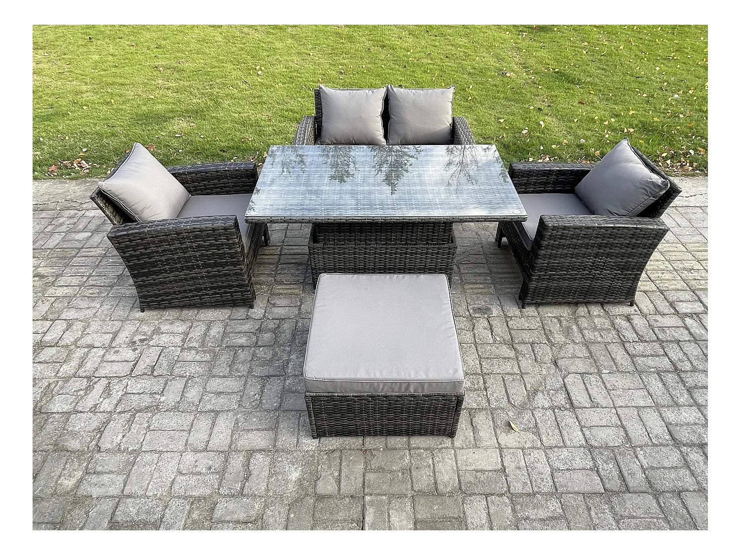 Polyrattan Gartenmöbel Set Essgruppe Lounge Einstellbare Höhe Esstisch mit Großer Fußhocker Dunkelgrau Gemischt