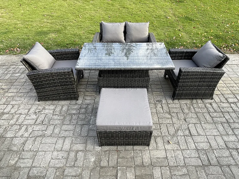 Polyrattan Gartenmöbel Set Essgruppe Lounge Einstellbare Höhe Esstisch mit Großer Fußhocker Dunkelgrau Gemischt