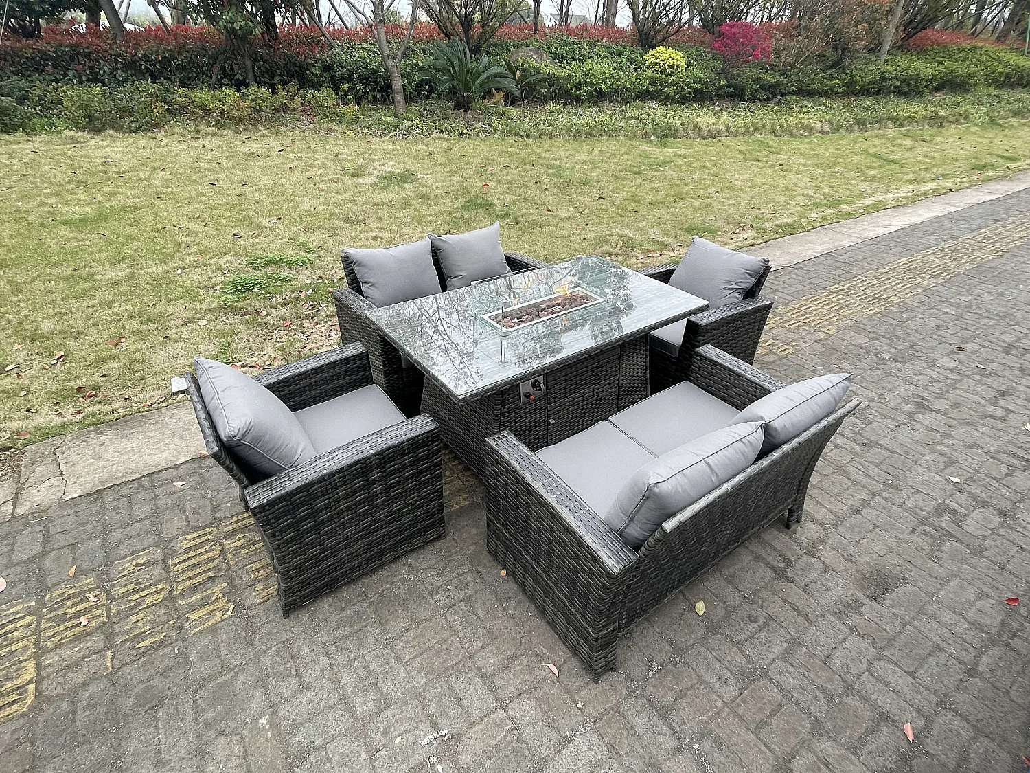 Ensemble de meubles de jardin en rotin ave Table de foyer à gaz Fauteuil Canapé d'amour 6 Places