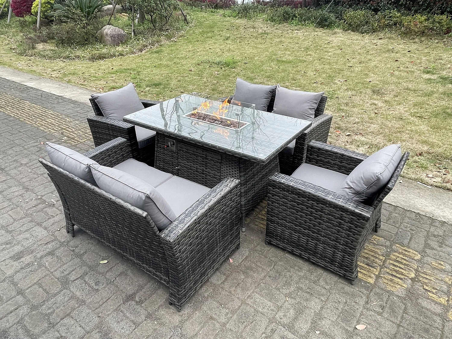 Ensemble de meubles de jardin en rotin ave Table de foyer à gaz Fauteuil Canapé d'amour 6 Places