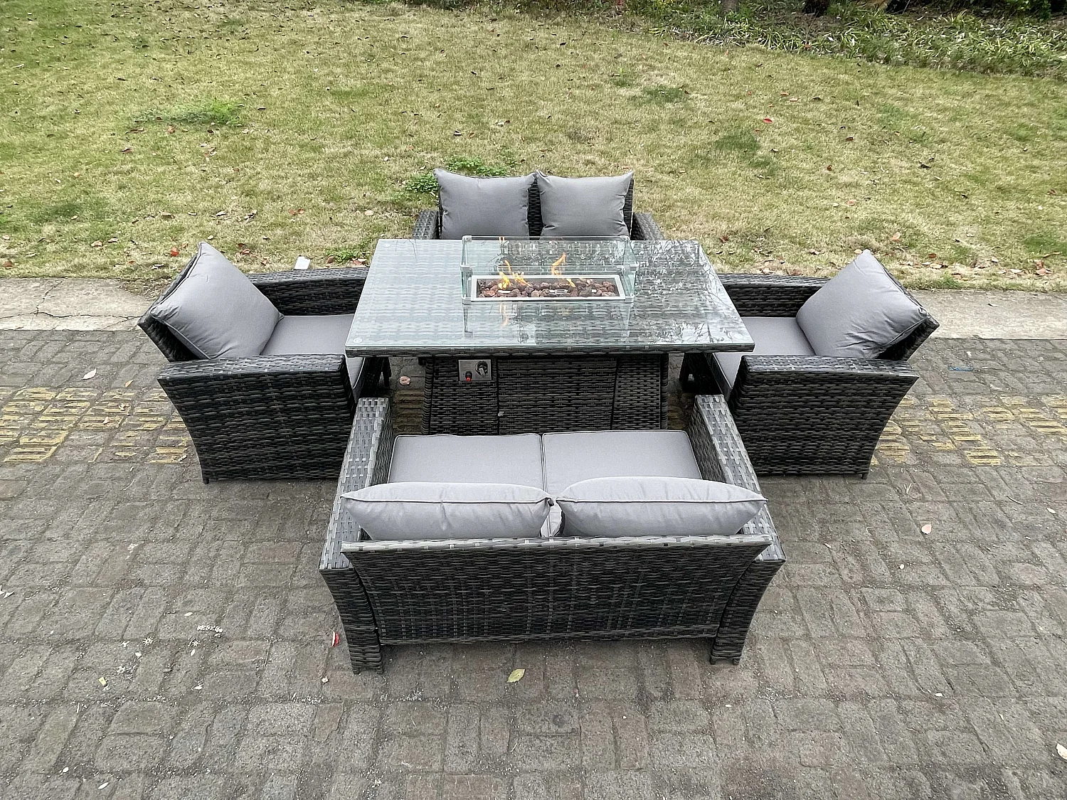 Polyrattan Gartenmöbel Set Gasfeuerstelle Rechteckiger Esstisch Gasheizgerät Sessel Love Sofa Sets 6-Sitzer