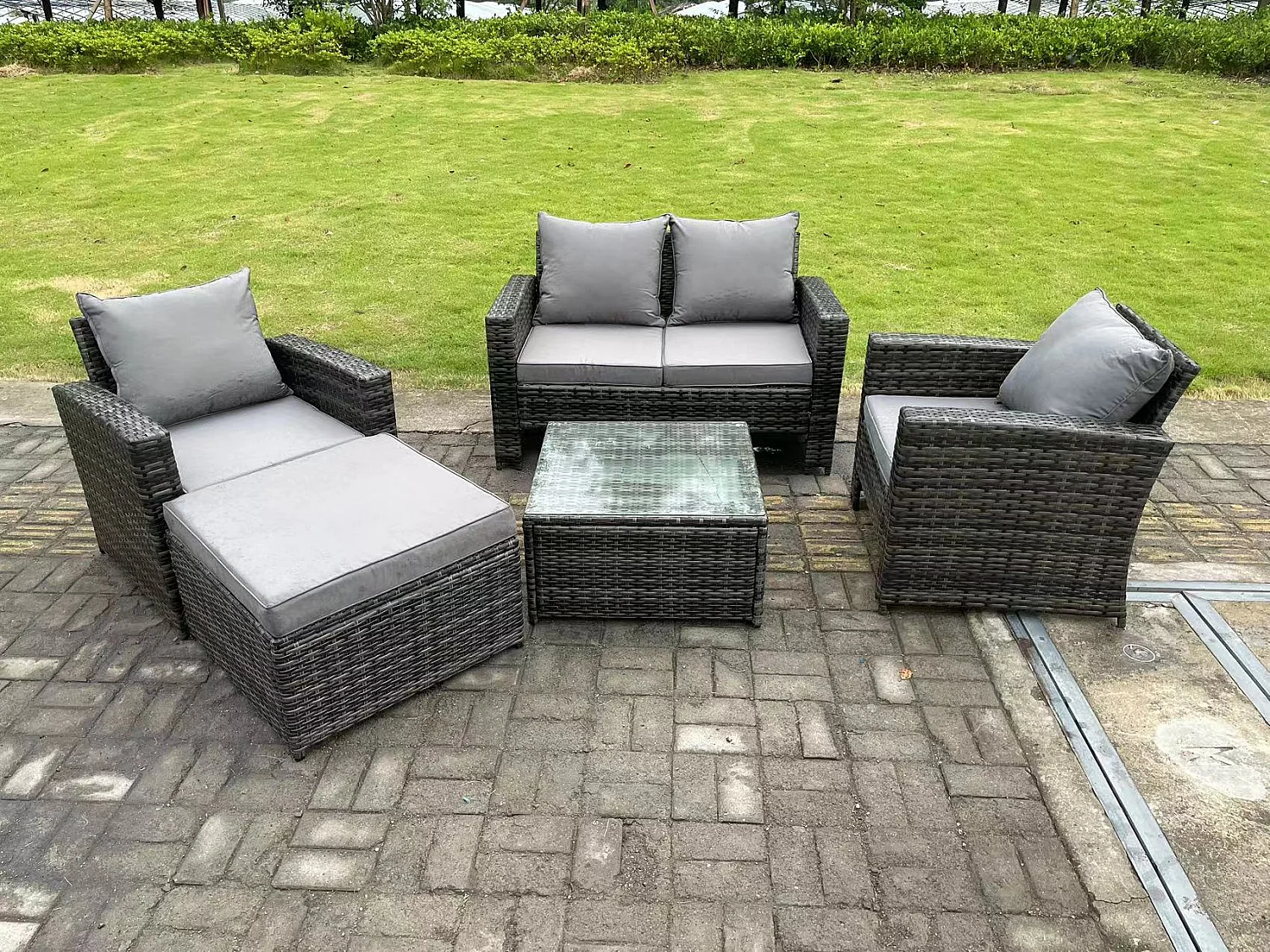 5-Sitzer Dunkelgrau Gemischt Hoher Rücken Rattan Sofa Set mit Quadratisch Couchtisch Gartenmöbel Sitzgruppe