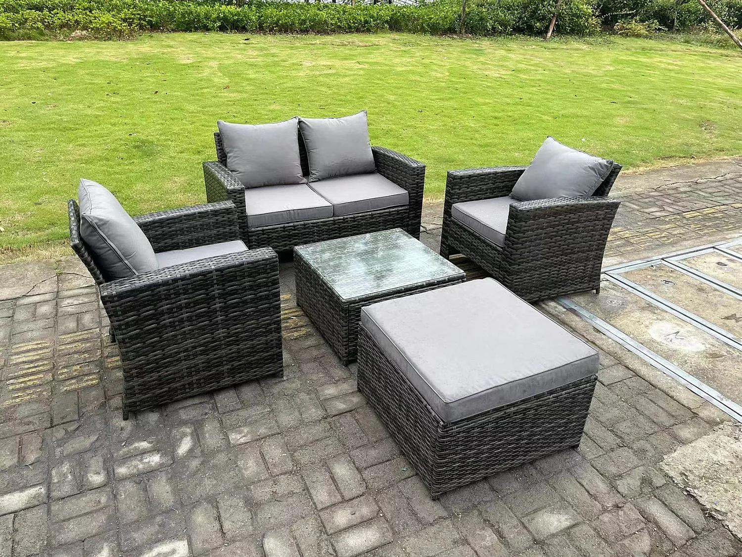 5-Sitzer Dunkelgrau Gemischt Hoher Rücken Rattan Sofa Set mit Quadratisch Couchtisch Gartenmöbel Sitzgruppe