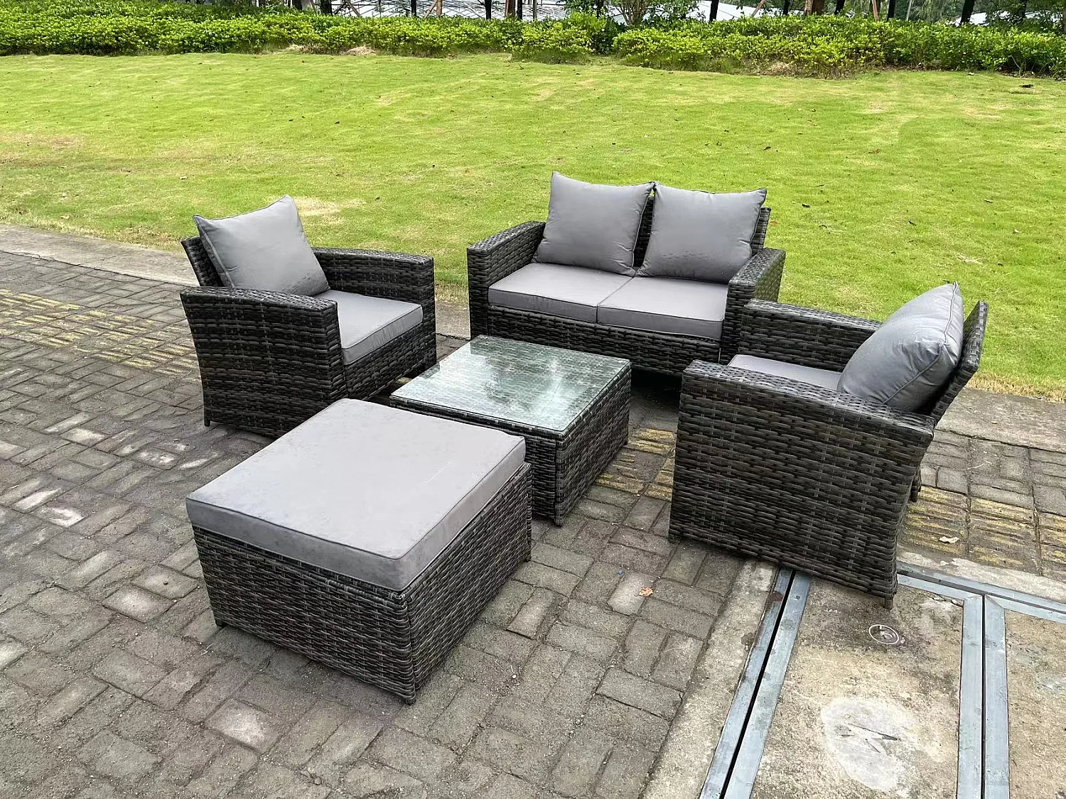 5-Sitzer Dunkelgrau Gemischt Hoher Rücken Rattan Sofa Set mit Quadratisch Couchtisch Gartenmöbel Sitzgruppe