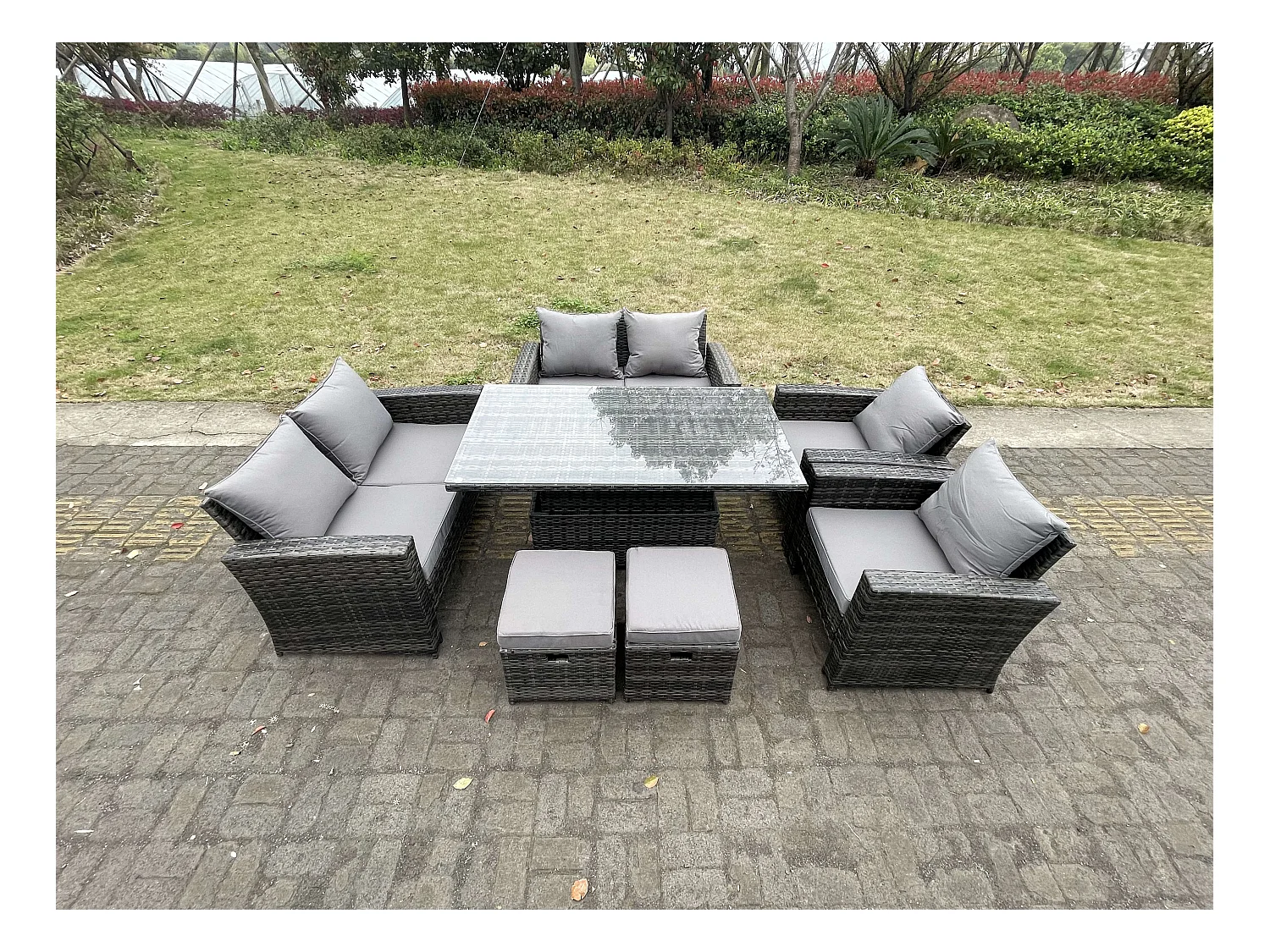 Polyrattan Gartenmöbel Set Einstellbare Höhe Esstisch Sessel Love Sofa Sets mit Hocker 8-Sitzer