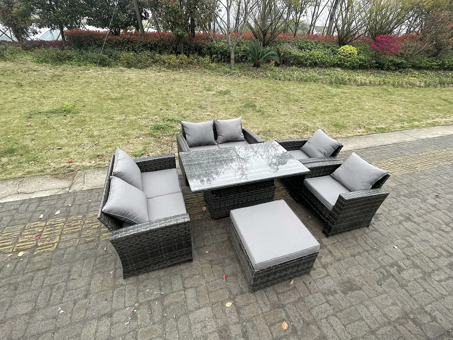 Fimous Rattan Outdoor Furniture Adjustable Rising Lifting Rectangle Dining Table Chairs Two Seater Love Sofa Sets Big Footstools 7 Seater