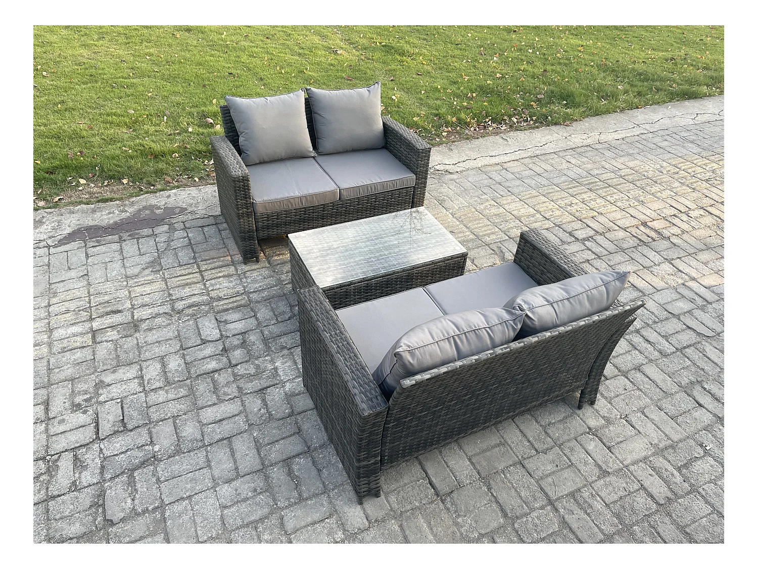 Rattan Gartenmöbel Sofa Set mit Rechteckig Couchtisch Doppelsitz-Sofa 4-Sitzer Gartenlounge Set Dunkelgrau Gemischt
