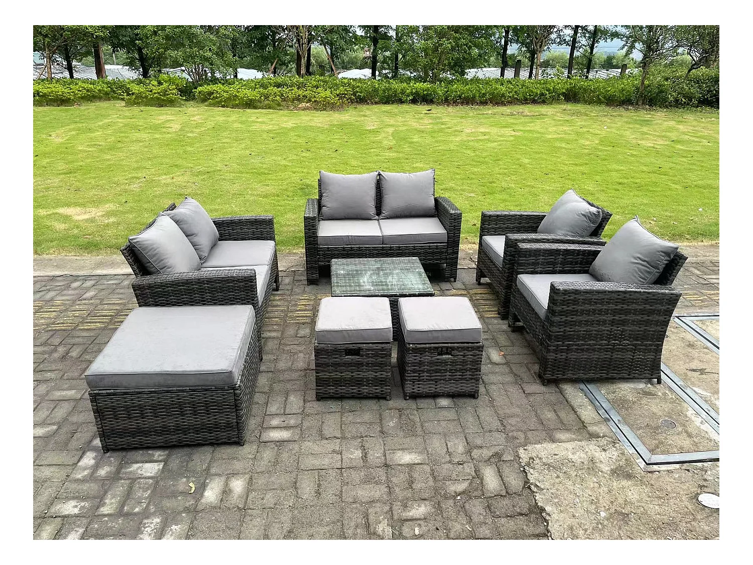 9-Sitzer Dunkelgrau Gemischt Hoher Rücken Polyrattan Sofa Set Couchtisch Gartenmöbel Outdoor 3 Hocker