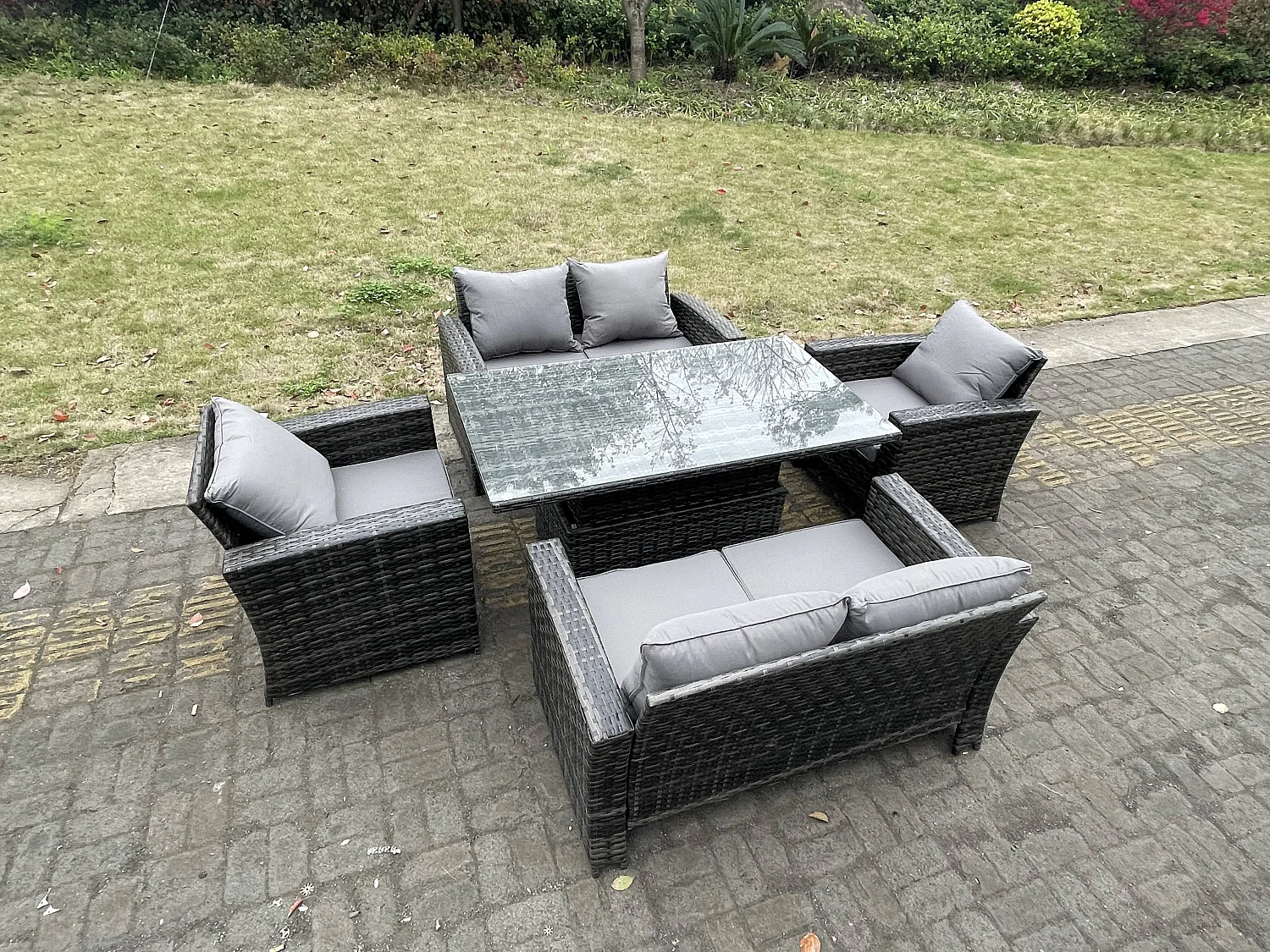 Polyrattan Gartenmöbel Set Einstellbare Höhe Esstisch Sessel Love Sofa Sets mit 6-Sitzer
