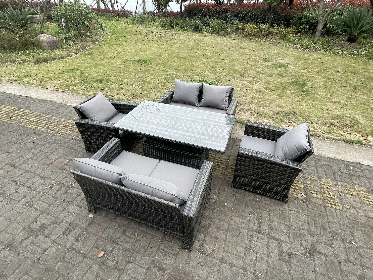 Polyrattan Gartenmöbel Set Einstellbare Höhe Esstisch Sessel Love Sofa Sets mit 6-Sitzer
