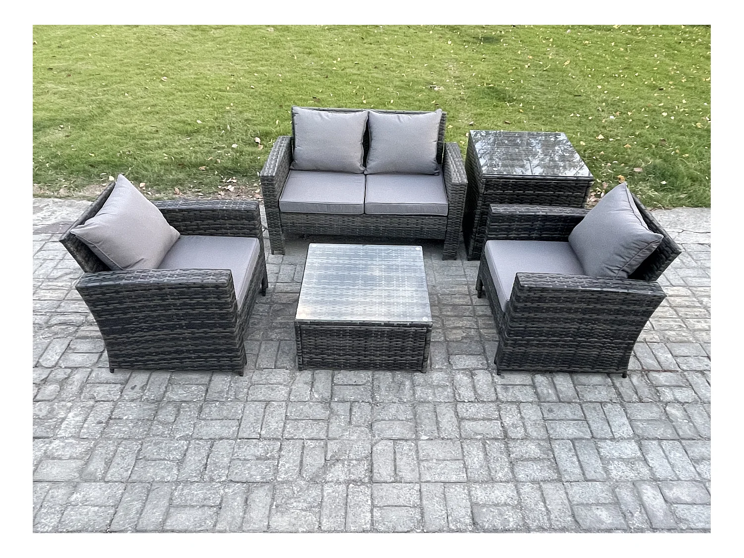 Garten Lounge Set Polyrattan Gartenmöbel Set mit Stuhl Quadratisch Couchtisch Doppelsitz-Sofa Beistelltische Dunkelgrau Gemischt