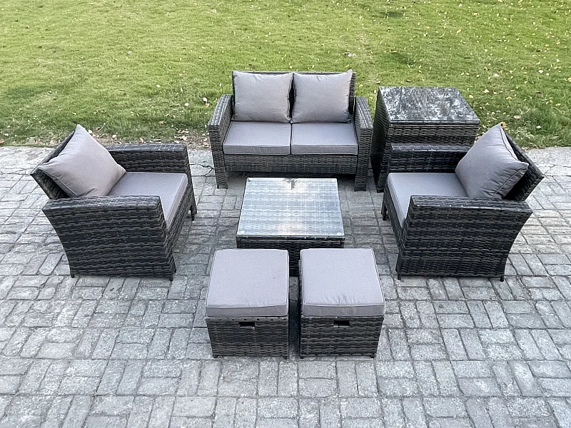 Garten Lounge Set Polyrattan Gartenmöbel Set mit Stuhl Quadratisch Couchtisch Doppelsitz-Sofa Beistelltische 2 Kleiner Fußhocker Dunkelgrau Gemischt