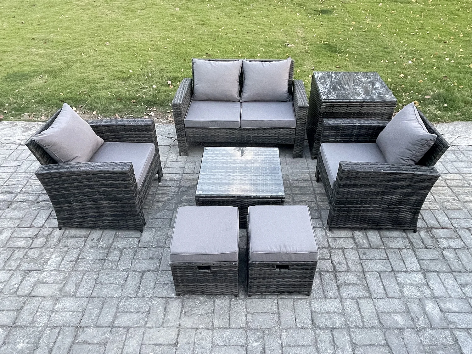 Garten Lounge Set Polyrattan Gartenmöbel Set mit Stuhl Quadratisch Couchtisch Doppelsitz-Sofa Beistelltische 2 Kleiner Fußhocker Dunkelgrau Gemischt