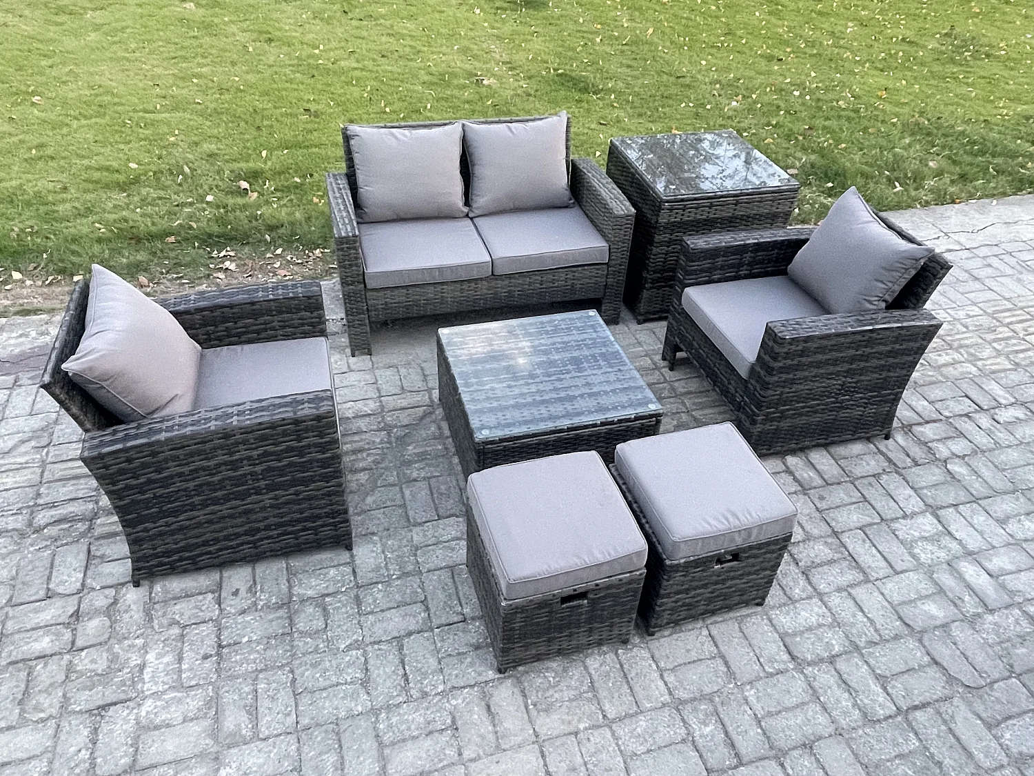 Garten Lounge Set Polyrattan Gartenmöbel Set mit Stuhl Quadratisch Couchtisch Doppelsitz-Sofa Beistelltische 2 Kleiner Fußhocker Dunkelgrau Gemischt