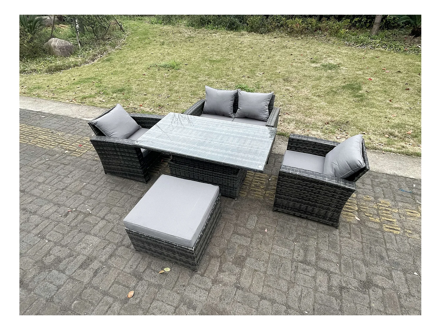 Polyrattan Gartenmöbel Set Einstellbare Höhe Esstisch Sessel Love Sofa Sets mit Großer Fußhockers 5-Sitzer