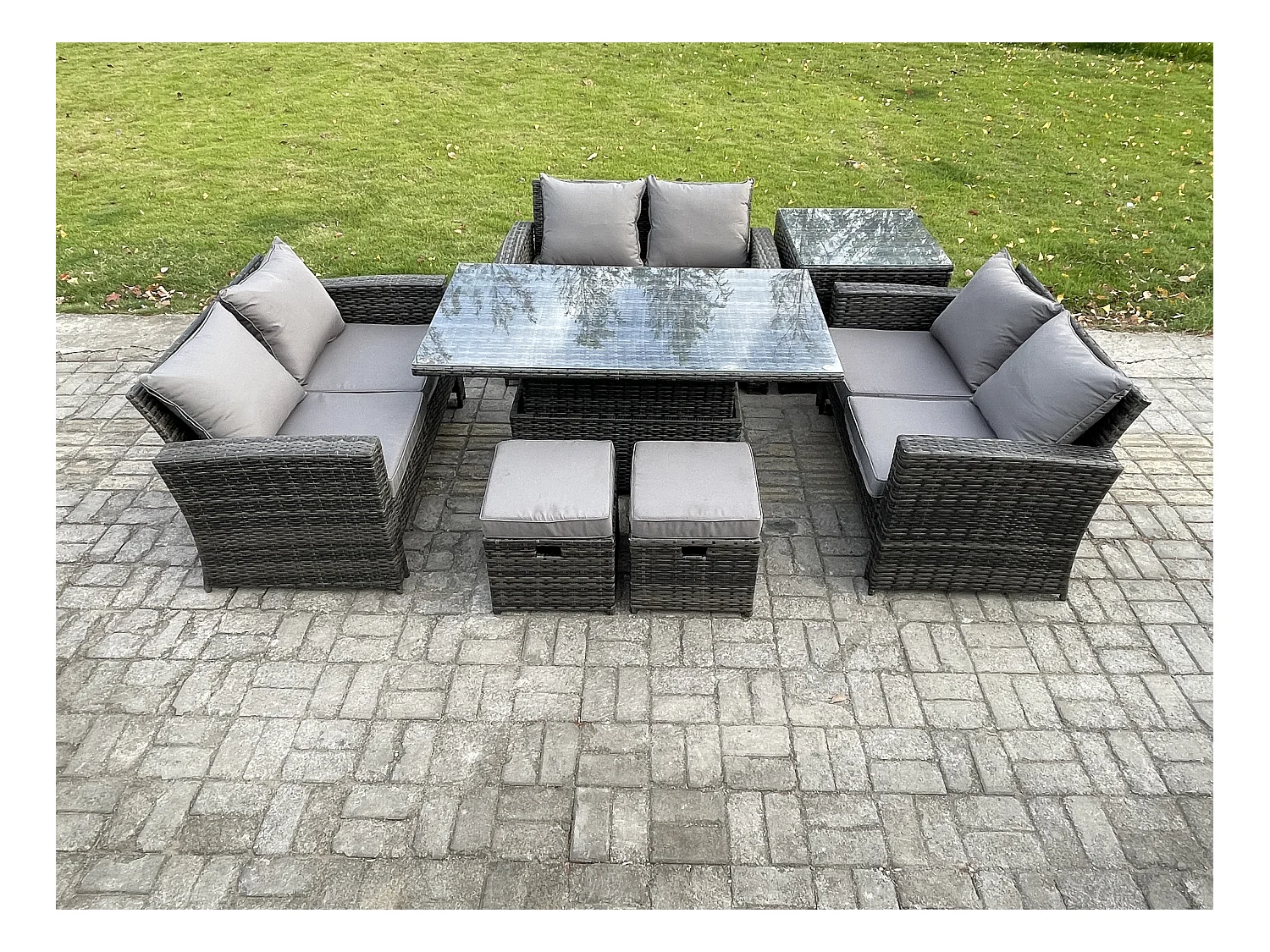7 Stücke Garten Lounge Set Polyrattan Gartenmöbel Set mit Einstellbare Höhe Esstisch Doppelsitz-Sofa Beistelltische 2 Kleiner Fußhocker Dunkelgrau Gemischt