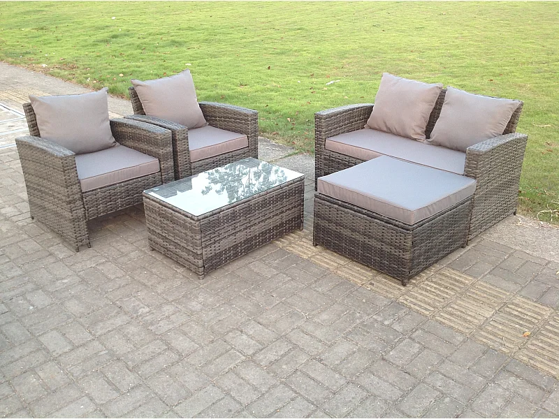 5-Sitzer Rattan Gartenmöbel Set Hoher Rücken Rattan Sofa Set mit Couchtisch Dunkelgrau Gemischt