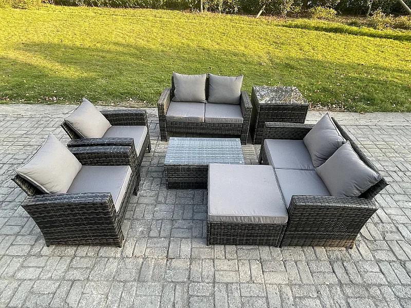 Mobilier de jardin extérieur 7 pièces Ensemble de canapé en rotin ave Table basse Grand Tabouret