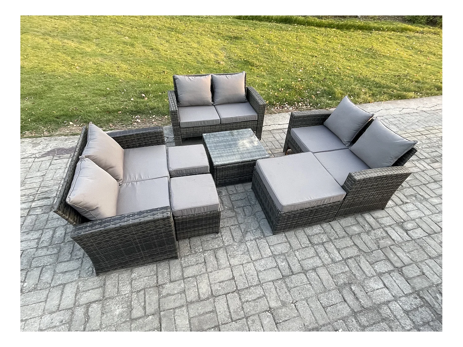 Garten Lounge Set Polyrattan Gartenmöbel Set mit Quadratisch Couchtisch Doppelsitz-Sofa 3 Hocker Dunkelgrau Gemischt