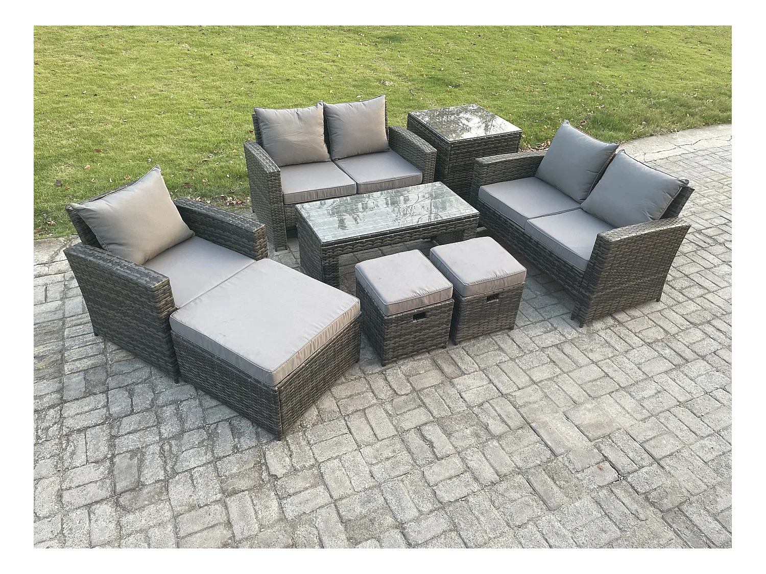 Rattan Gartenmöbel Set Garten Sofa Set mit Beistelltische 3 Hocker Couchtisch Dunkelgrau Gemischt