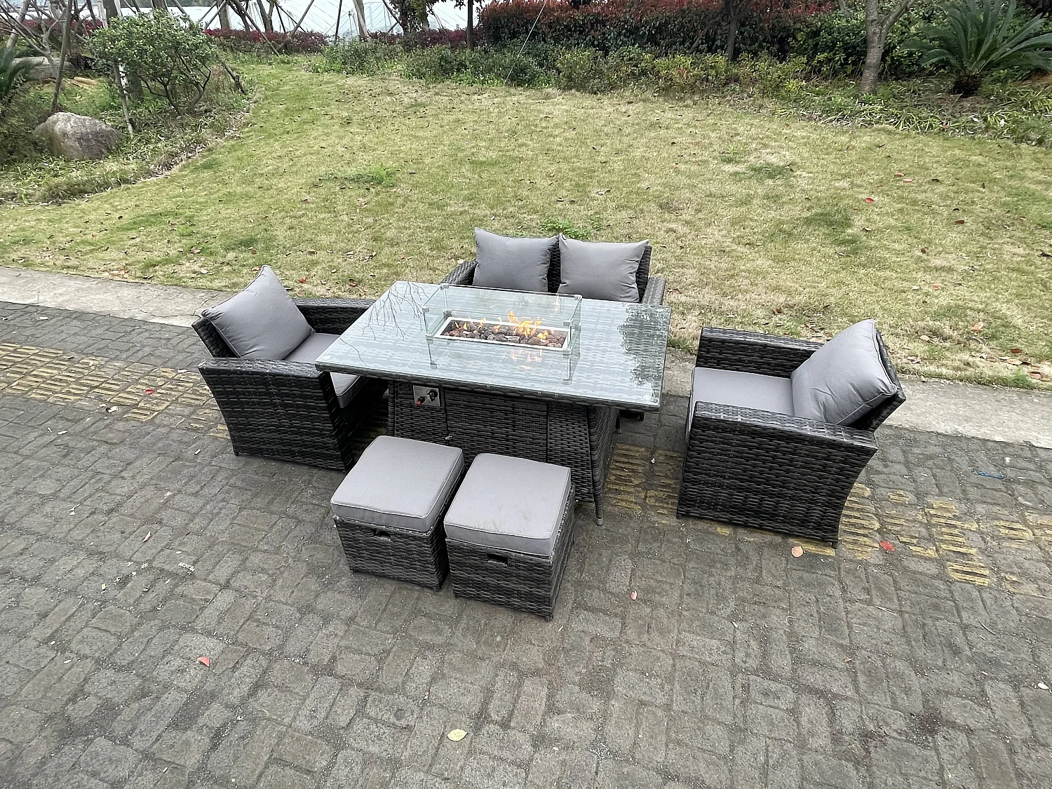 Ensemble de meubles de jardin en rotin ave Table de foyer à gaz Fauteuil Canapé d'amour Tabouret