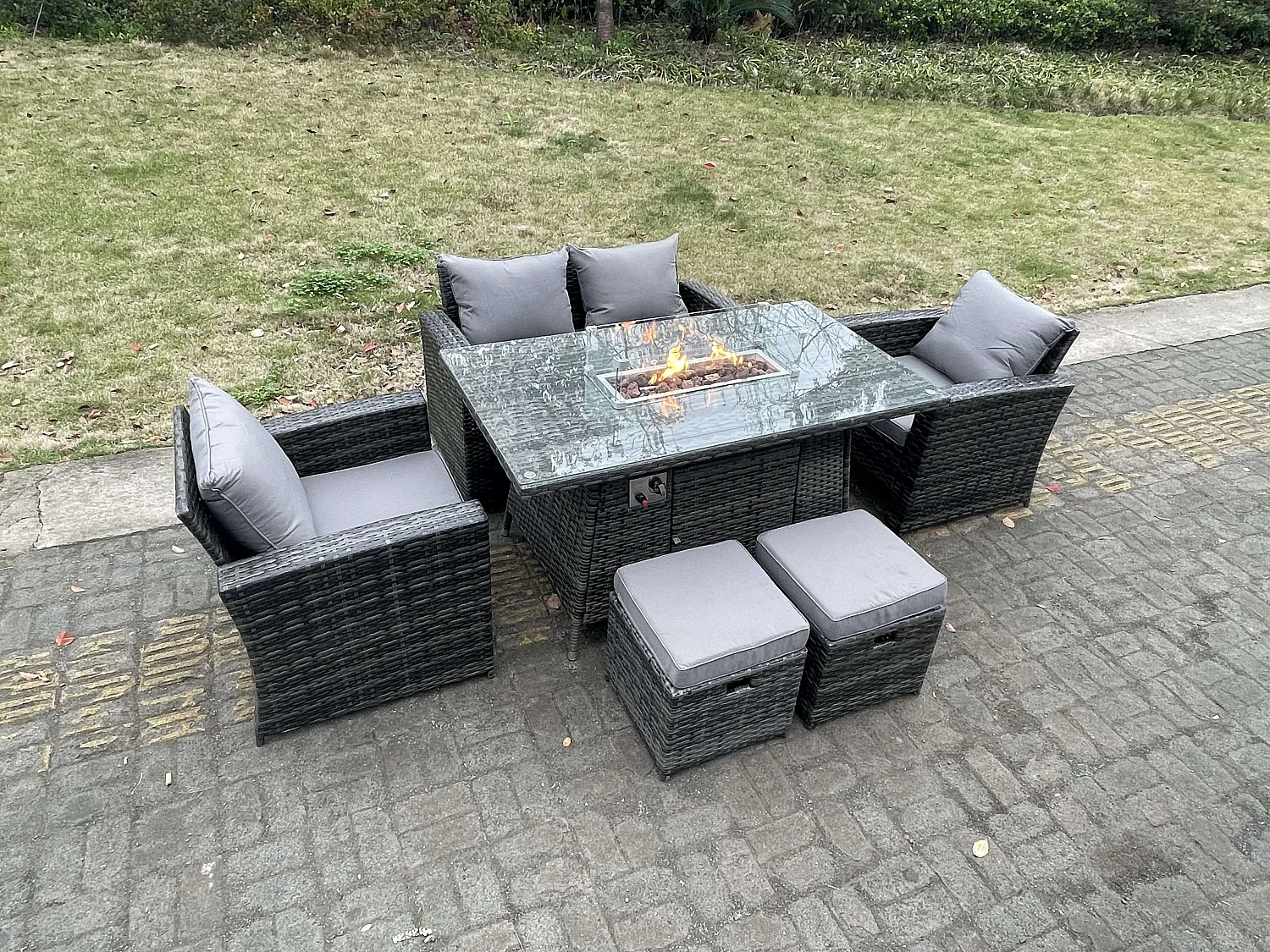 Ensemble de meubles de jardin en rotin ave Table de foyer à gaz Fauteuil Canapé d'amour Tabouret