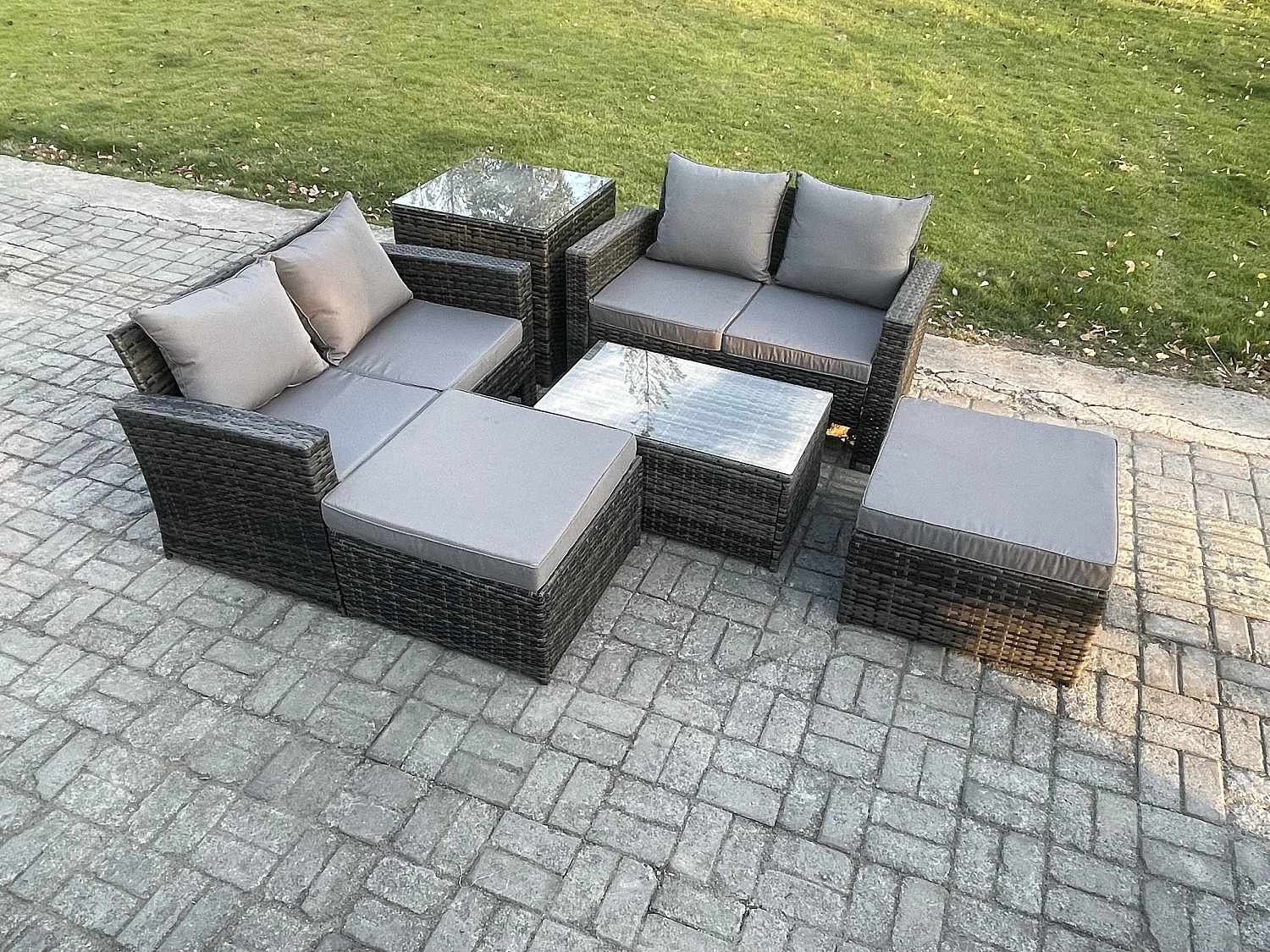 Polyrattan Gartenmöbel Set Im Freien 6-Sitzer Garten Sofa Set mit Beistelltische Couchtisch 2 Großer Fußhocker Dunkelgrau Gemischt
