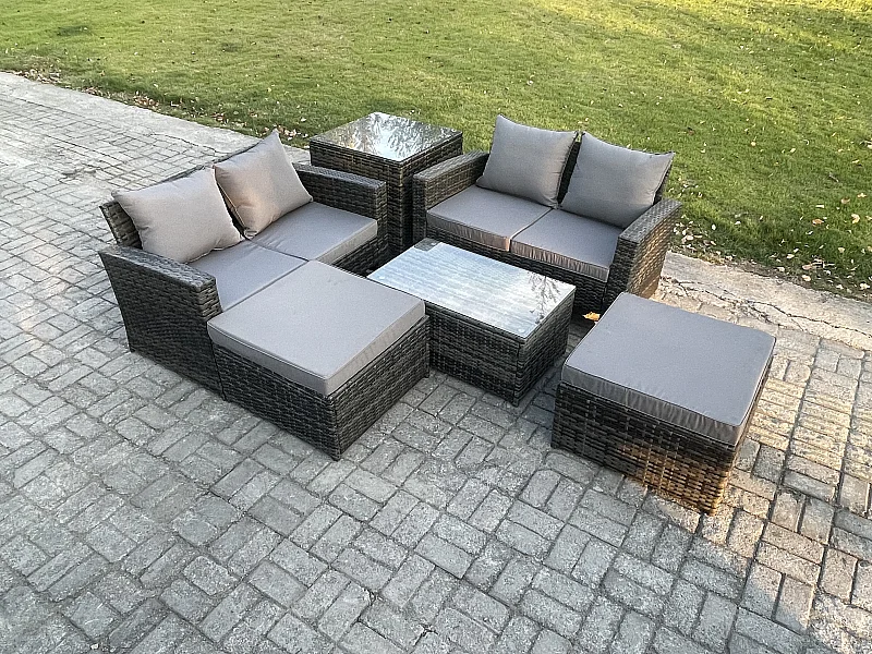 Polyrattan Gartenmöbel Set Im Freien 6-Sitzer Garten Sofa Set mit Beistelltische Couchtisch 2 Großer Fußhocker Dunkelgrau Gemischt