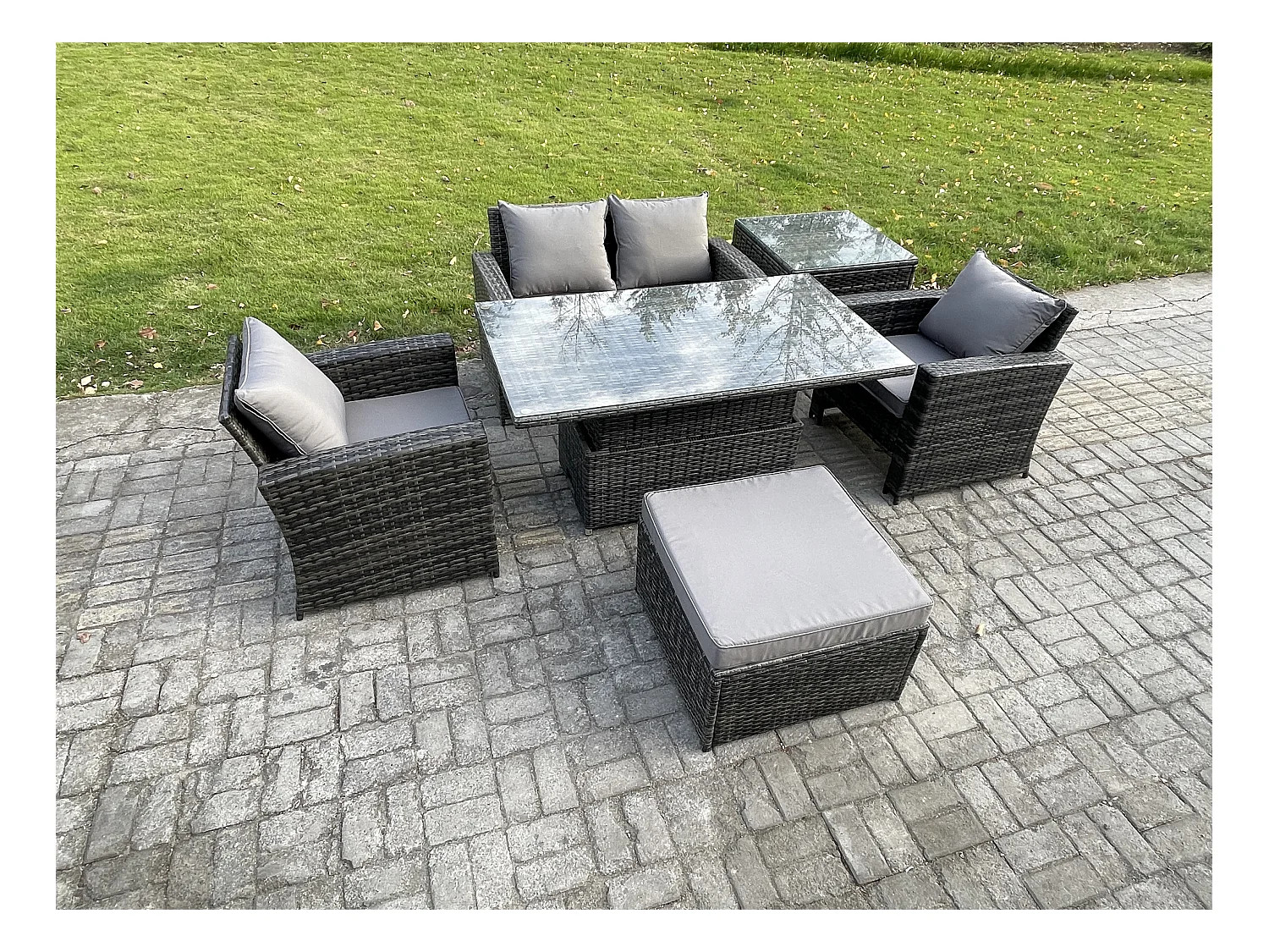 Polyrattan Gartenmöbel Set Essgruppe Lounge Einstellbare Höhe Esstisch mit Großer Fußhocker Beistelltische Dunkelgrau Gemischt