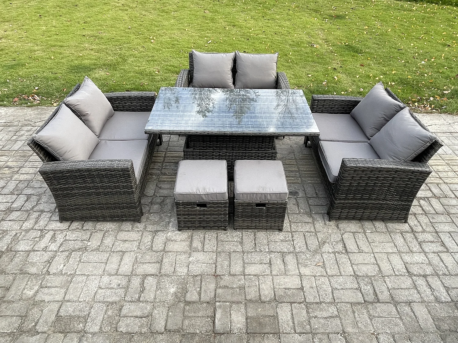 Fimous Wicker PE Rattan Garden Furniture Set Height Adjustable Rising Lifting Table Sofa Dining Set with Double Seat Sofa 2 Small Footstools Dark Grey Mixed