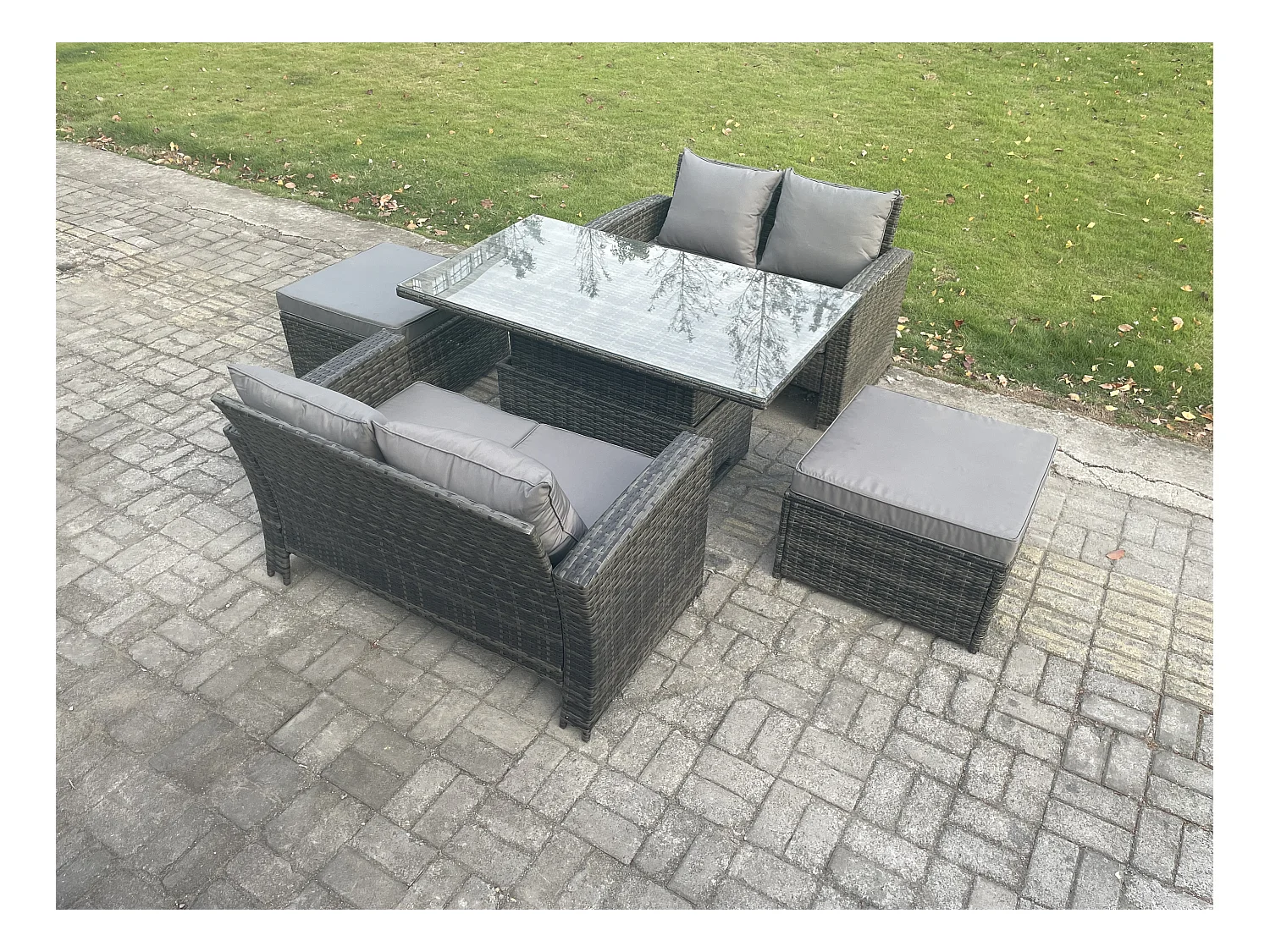 5 Stücke Gartenmöbel Set Sitzgruppe im Garten und Balkon Einstellbare Höhe Esstisch Sofa Set mit 2 Großer Fußhocker