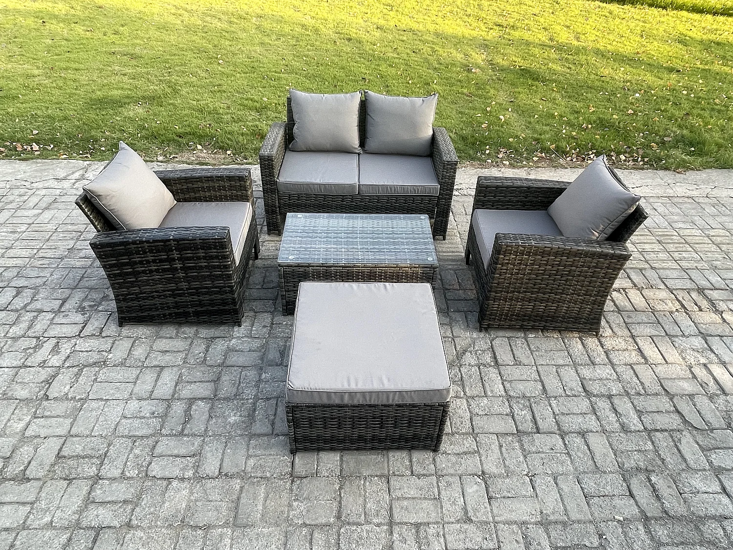 Garten Lounge Set Polyrattan Gartenmöbel Set mit Rechteckig Couchtisch Doppelsitz-Sofa Großer Fußhocker Dunkelgrau Gemischt